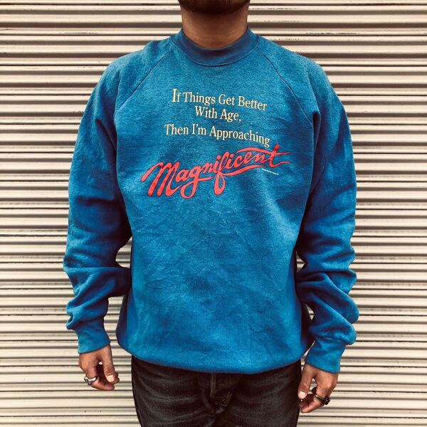 80s Fruit of the Loom スウェット ヴィンテージ フルーツオブザルーム トレーナー ブルー プリント 青 コットン ラグラン 古着 XXL 90s
