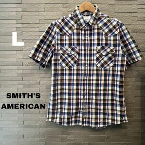 SMITH'S AMERICAN メンズ 半袖シャツ チェック 羽織り Lサイズ ブルー×ホワイト×レッド 半袖 トップス カジュアルシャツ