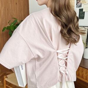 moment+ / モーメントプラス バックレースアップ半袖Tシャツ ピンク M