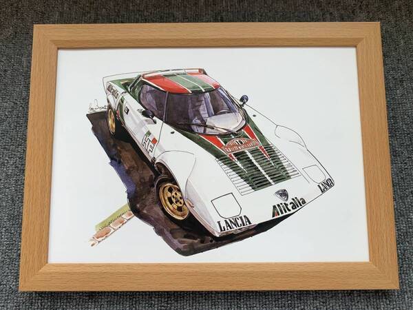 ■BOW。池田和弘『Lancia Stratos』B5サイズ 額入り 貴重イラスト 印刷物 ポスター風デザイン 額装品 アートフレーム 旧車
