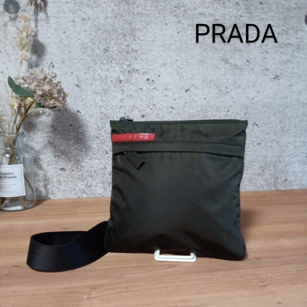 美品 プラダスポーツ ナイロン ショルダーバッグ サコッシュ ポシェット 鞄 ボディバッグ PRADA SPORT カーキ ブラウン レディース メンズ