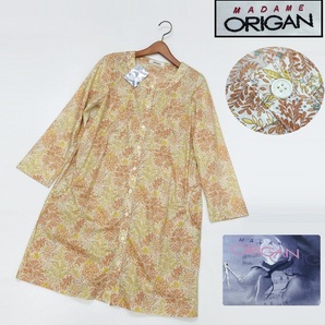 ORIGAN オレンジ系 花柄 長袖ミニワンピース 日本製レディース コットン生地 タグ カジュアル バンドカラー 大人可愛い オリガン