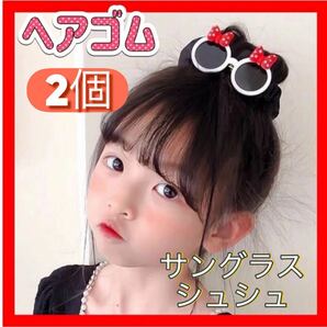 ヘアアレンジ かわいい ヘアゴム サングラス 子供 キッズ 髪ゴム 赤リボン シュシュ コスプレ おでかけ 2個