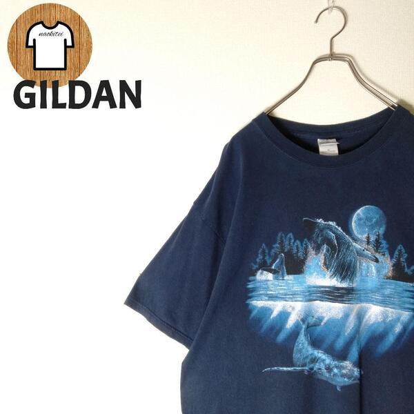 GILDAN ビッグプリントTシャツ 2XL クジラ 夜景 月 古着 A771