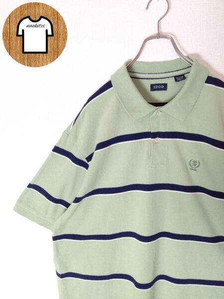 IZOD ポロシャツ 2XL 刺繍ロゴ ハーフボタン ボーダー 海外古着 A267