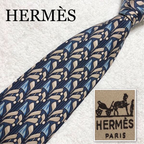 ■美品■HERMES エルメス ネクタイ パター ゴルフボール フラッグ 旗 総柄 シルク100% フランス製 ブルー ビジネス