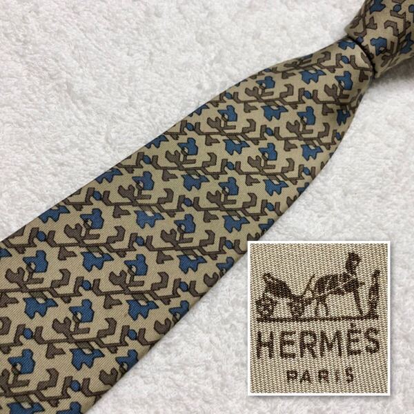HERMES エルメス ネクタイ 植物 ボタニカル 総柄 シルク100% フランス製 ベージュ系×ブルー ビジネス