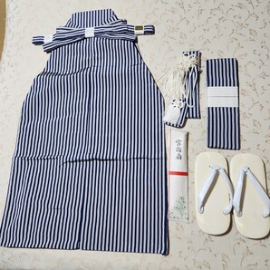 #8-586 (保管品) 七五三 ポリエステル 縞袴6点セット グレー×花紺