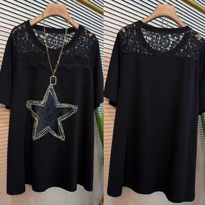 ゆったり キラキララインストーン 星柄 レース切り替え tシャツ ブラック 大きいサイズ