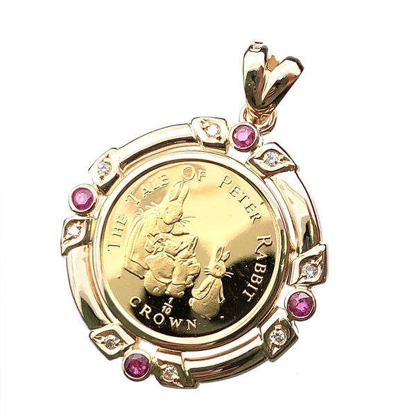 21325 ピーターラビット金貨 ジブラルタル エリザベス女王 1/10オンス 1994年 7.5g K18/24 純金 ルビー ダイヤモンド ペンダントトップ
