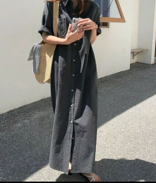 ワンピース シャツワンピース サイドスリットシャツワンピース