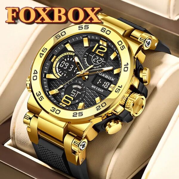 新品 FOXBOX デュアルウォッチ50M防水メンズ腕時計 ラバーストラップ ブラック&ゴールド