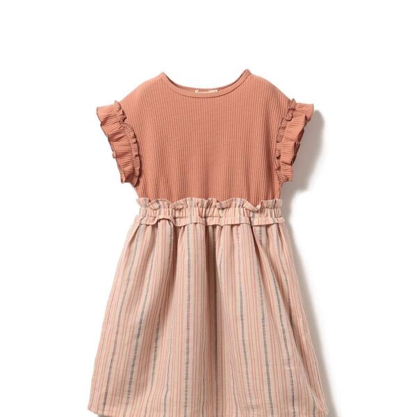 BEAMS mini / ストライプ ワッフル 切替 ワンピース 24SS
