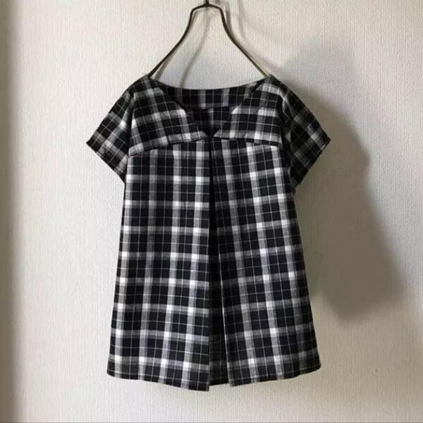 美品☆Wフロントウエストリボンチェック柄ブラウス 黒スキッパー ブラウス チュニック フレンチスリーブ Vネック 二の腕カバー
