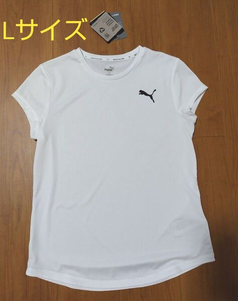 新品タグ付き未使用PUMA白半袖TシャツLサイズロゴ入り吸湿速乾プーマランニングウェアトレーニングウェア