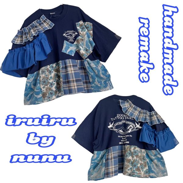 古着リメイク ハワイアン トップス Tシャツ 古着 個性的 remake 青 原宿 下北沢 推し活 ブルー フリル ハワイ