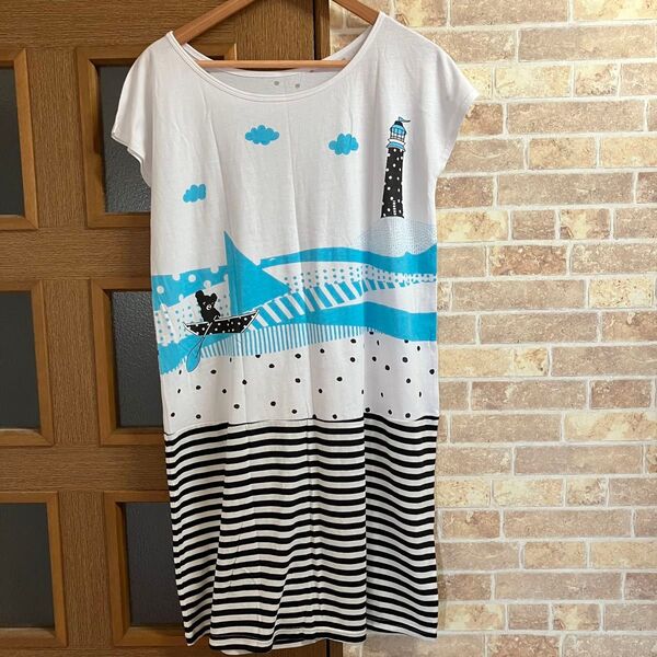 フランシュリッペブラック くまのドットとボーダー切替ワンピース 半袖 チュニック ロングTシャツ