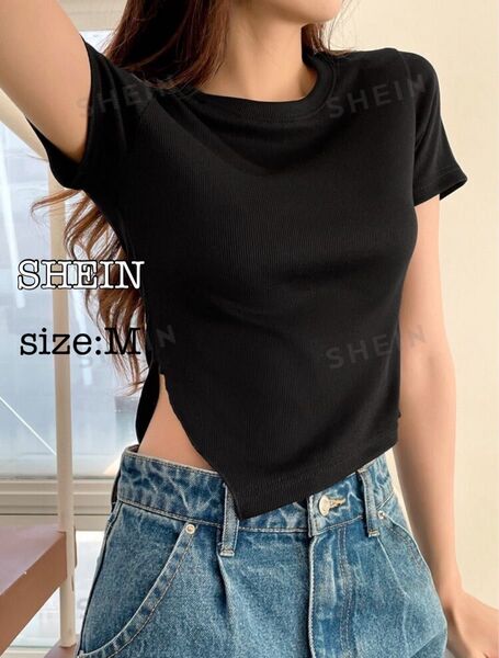 SHEIN DAZY サイドスリット アシンメトリーTシャツ Mサイズ ブラック