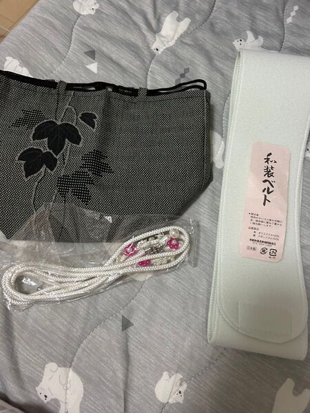 和装用バック巾着リバーシブル & 伊達締めのマジックベルト &ビーズ帯飾り紐2点セット 葉柄縞柄 ポーチ 着和装小物 クーポン消化