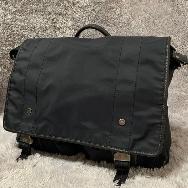 美品★COACH コーチ メッセンジャー ショルダーバッグ レザー ハンドバッグ クロス ナイロン 黒 肩掛け 大容量 メンズ