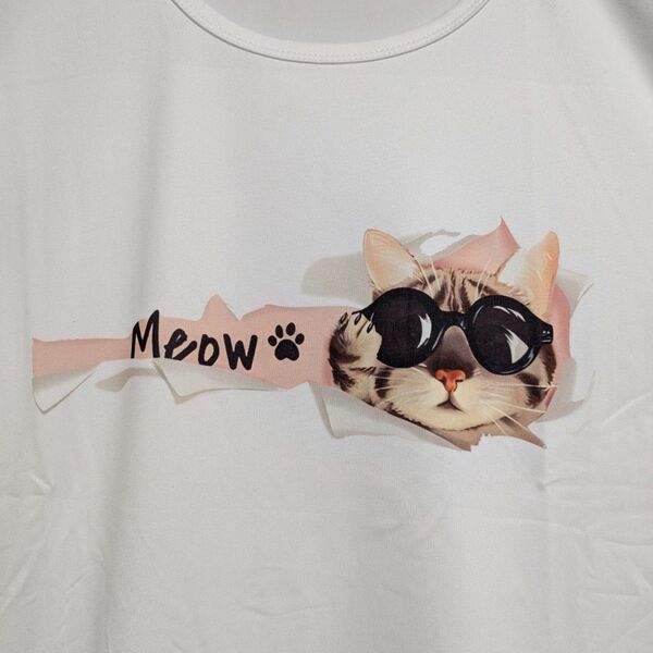 【人気】 猫 プリント Tシャツ カットソー イラスト XL ホワイト ⑧