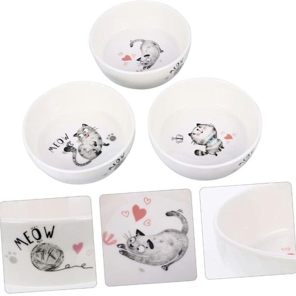 ペットボウル 犬 猫 陶器 猫柄 ペットフード 白色 可愛い