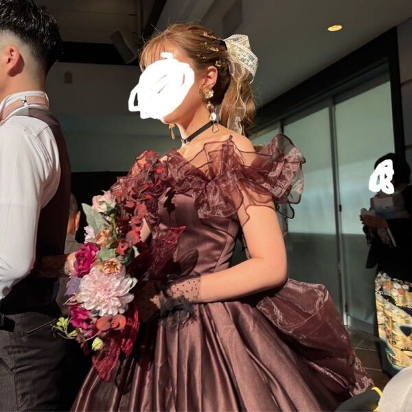 【お値下げ可】ブラウンドレス カラードレス ウェディングドレス 結婚式 (希望の方はヘアアクセも1式)