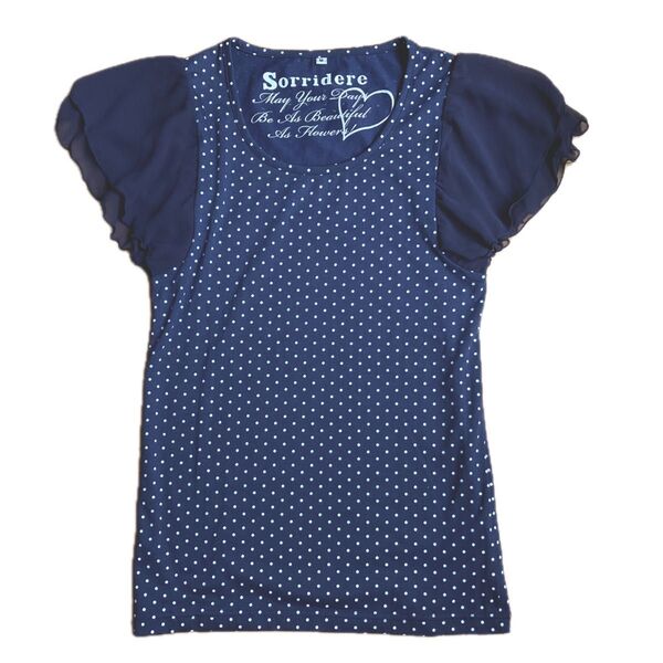 ドット柄 袖フリル Tシャツ 半袖