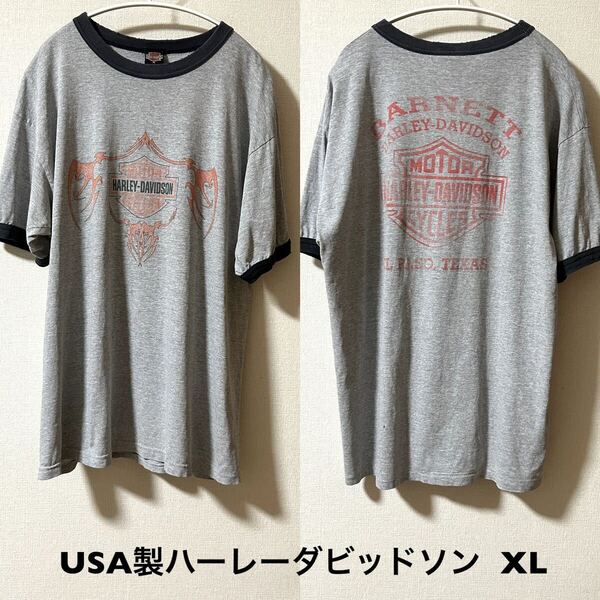 XLサイズ!USA製ハーレーダビッドソン 古着半袖リンガーTシャツ グレー