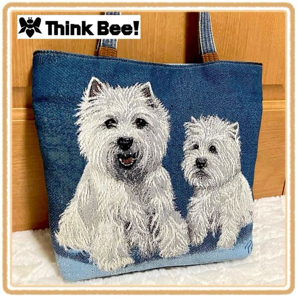 希少 Think Bee! シンクビー デニム トートバッグ ハンドバッグ ゴブラン織 リンダピッケン 犬柄 可愛い