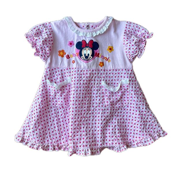 【Disney babies】ミニーちゃん 半袖ワンピース 80 可愛いハート&小花柄 コットン100%