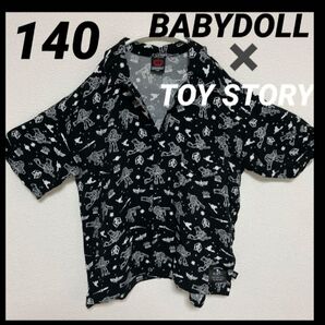 新品TOYSTORY|BABYDOLL|柄シャツ|バズライトイヤー|黒白|140|トイストーリー|ベビードール|ロゴ|総柄プリント