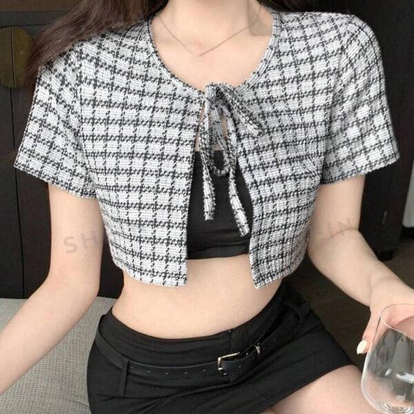 SHEIN Dazy star レディース チェック柄 クロップトップ Tシャツ