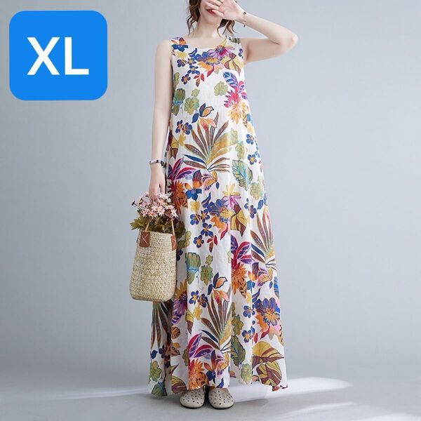ノースリーブ ワンピース XL ロング マキシ ボタニカル 薄手 軽い 涼 レディース 夏 リゾート 部屋着 おしゃれ 花柄 紺