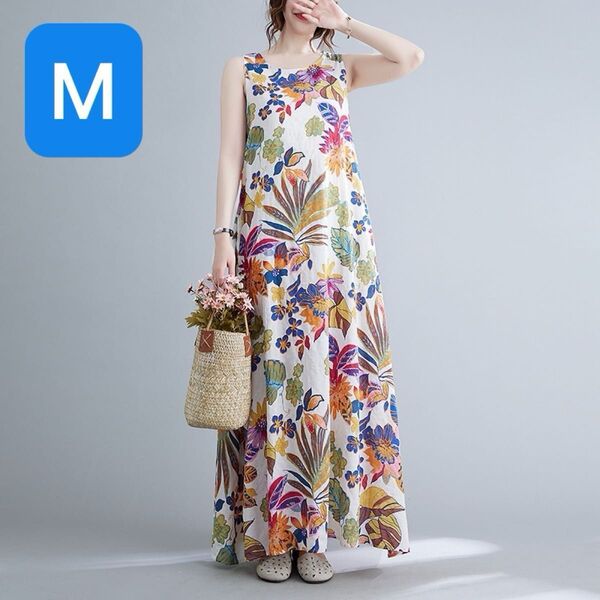 ノースリーブ ワンピース M ロング マキシ ボタニカル 薄手 軽い 涼 レディース 夏 リゾート 部屋着 おしゃれ 花柄 紺