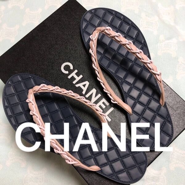 正規品 CHANEL シャネル トングサンダル ビーチサンダル ネイビー ピンクベージュ 23.5cm〜24cm 37size