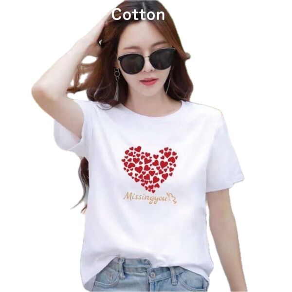 Tシャツ カットソー レディース 半袖 ハート 白 黒 ハートプリント