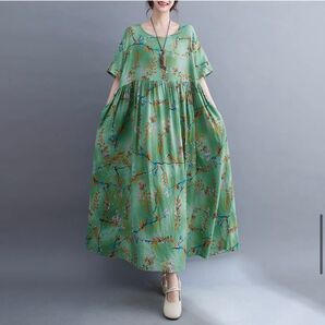 ☆数量限定☆花柄 ロングワンピース 半袖 北欧 グリーン ボタニカル