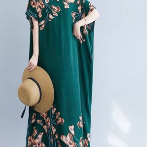 ☆数量限定☆エスニック アジアン ロングワンピース カラー柄 緑