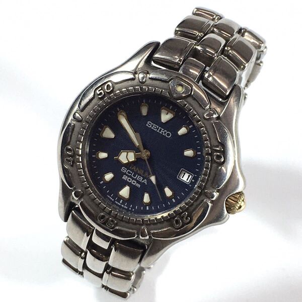 SEIKO SCUBA セイコー スキューバ チタニウム 200m クォーツ アナログウォッチ 文字盤 ネイビー デイト 防水 メンズ 紳士腕時計