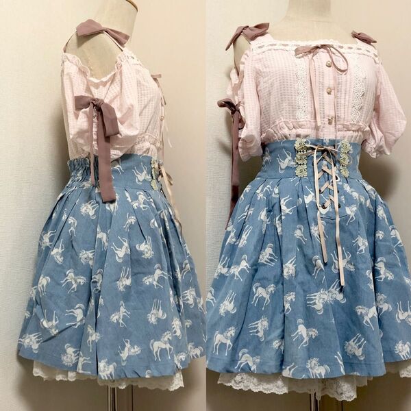 【2点セット】ショルダーリボンのオフショルブラウス、ペガサス柄デニムフレアスカート★axesfemmeコーディネート