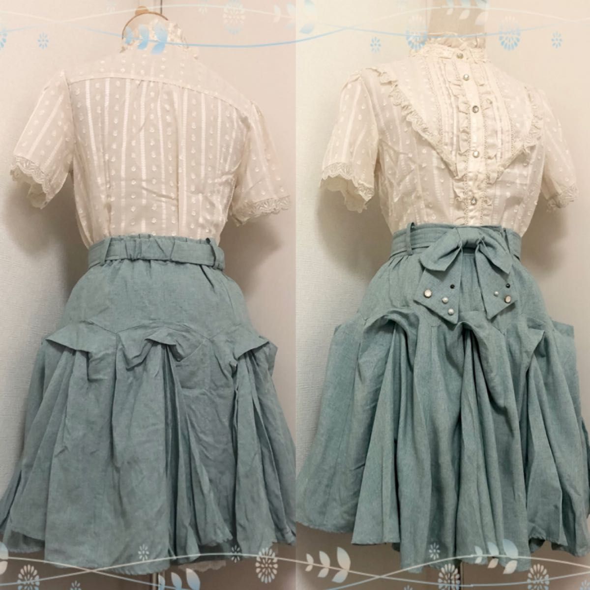 豪奢な 2点セット】BIGリボンドビーブラウス 水彩画風フレアスカート シャツ+ブラウス(長袖+七分)