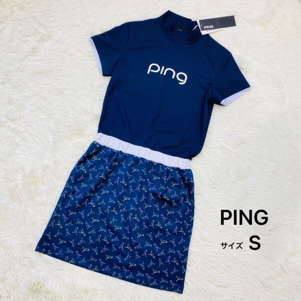 【新品】PING 半袖 モックネック ワンピース ネイビー S ゴルフ 春夏
