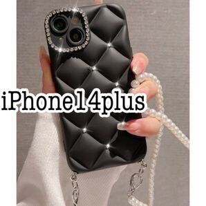 iPhone14plusケース パールショルダーストラップ付き ブラック 黒