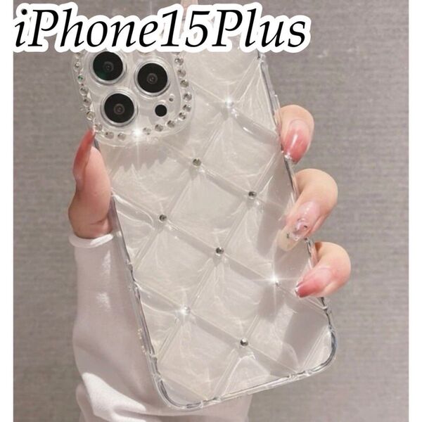 iPhone15Plus シルバーストーン キルティングケース クリア 透明