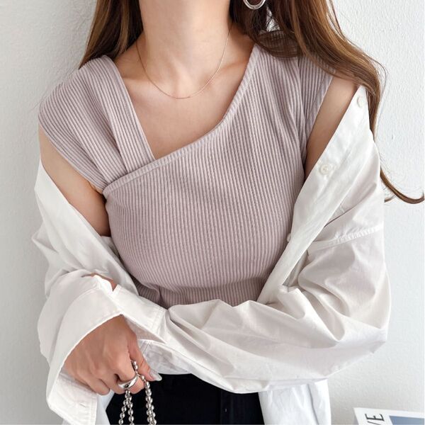 テレコリブ ノースリーブ アシメ トップス レディース M/Lサイズ 春 夏 ベージュ