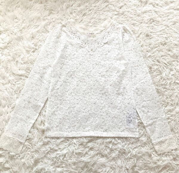axes femme 未使用近い / パール刺繍レースカットソー / 胸元&袖口レース切り替え バラレース / M ホワイト