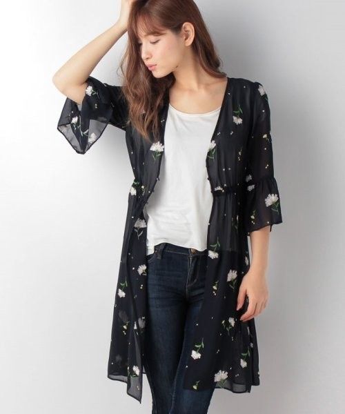 トランテアンソンドゥモード 七分袖 花柄 刺繍 総柄 ガウンワンピース ネイビー シフォン シフォンガウン 刺繍ガウン Vネック