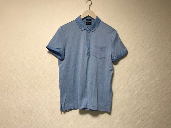 本物ヒューゴボスHUGOBOSSコットン柄半袖ポロシャツメンズサーフアメカジミリタリーワークビジネススーツゴルフ青ブルーS