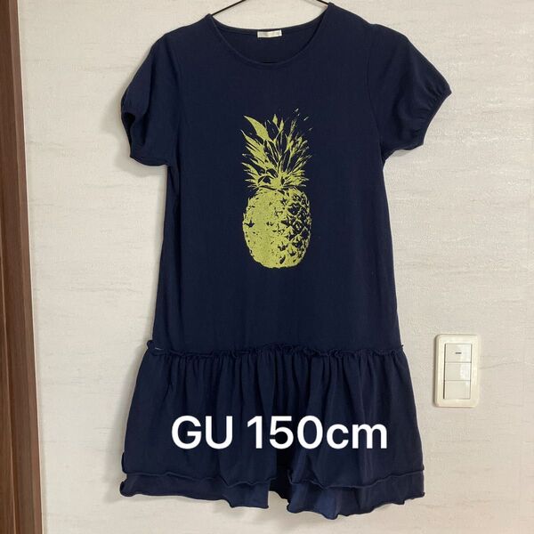 GU ワンピース 半袖 パイナップル柄 ネイビー サイズ150cm